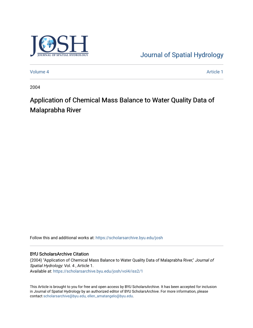 Application of Chemical Mass Balance to Water Quality Data of Malaprabha River