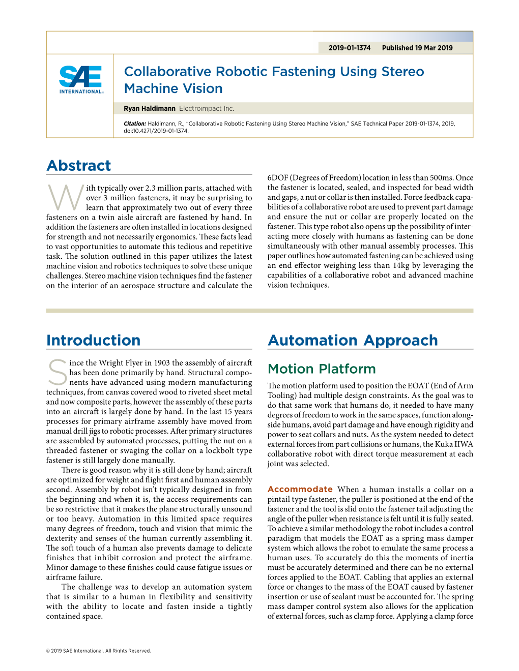 Collaborative Robotic Fastening Using Stereo Machine Vision