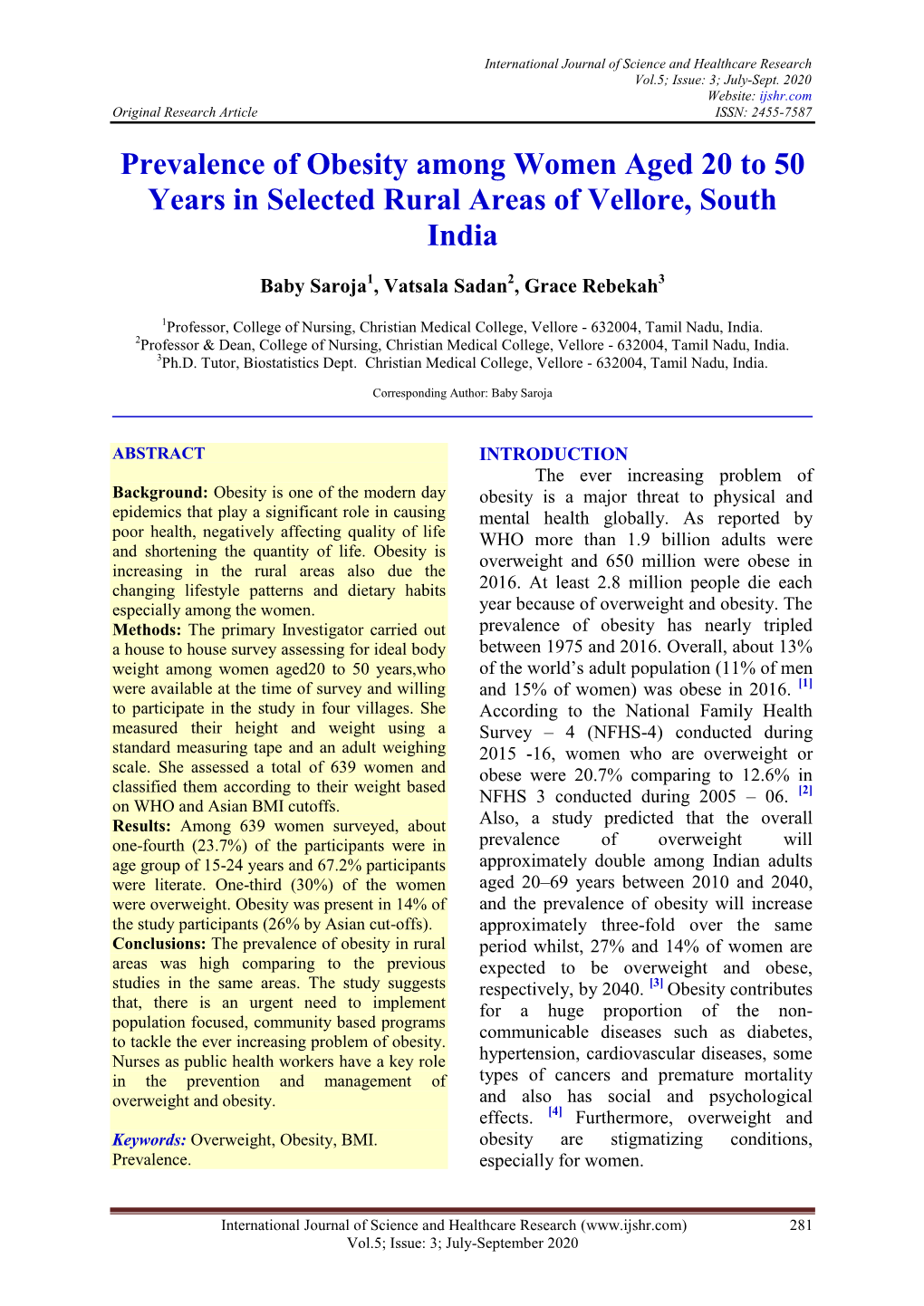 Prevalence of Obesity Among Women Aged 20 to 50 Years in Selected Rural Areas of Vellore, South India
