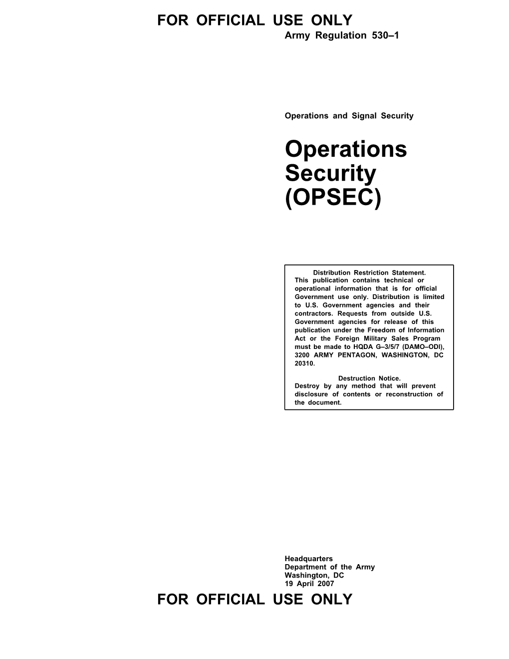 Army Regulation 530–1: Operations Security (OPSEC)