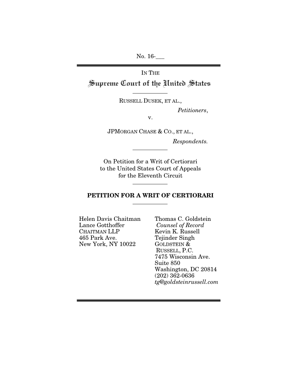 No. 16-___ Petitioners, V. JPMORGAN CHASE & CO., ET