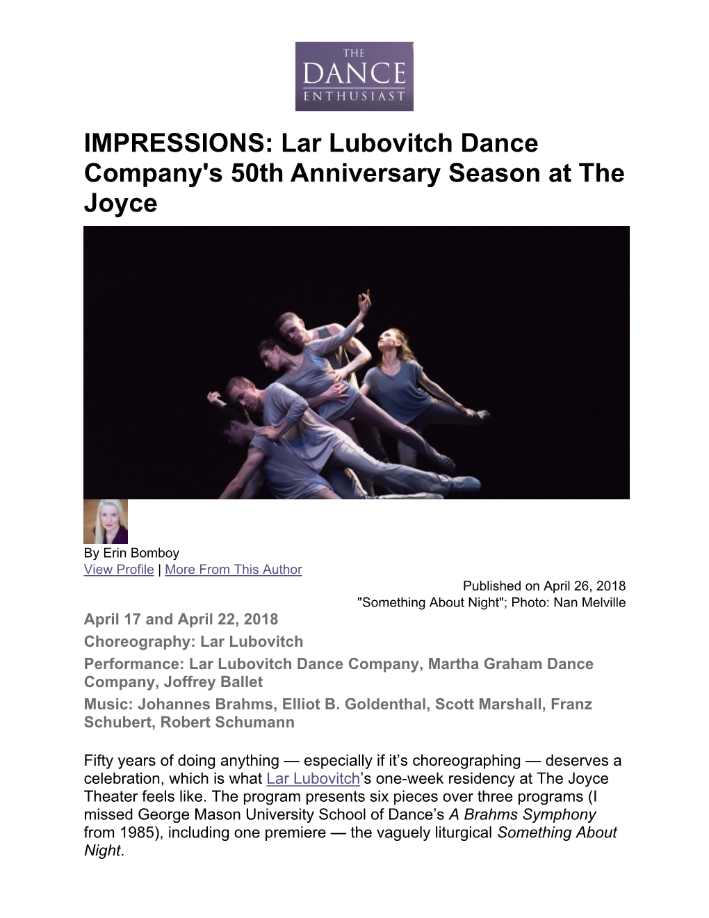 IMPRESSIONS: Lar Lubovitch Dance Company's 50Th Anniversary Season at the Joyce
