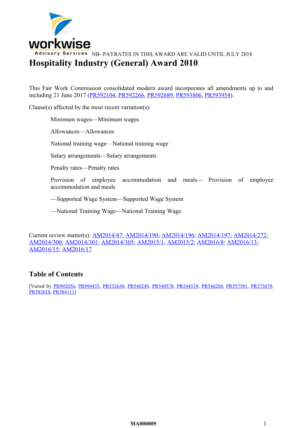 MA000009 - Hospitality Industry (General) Award 2010