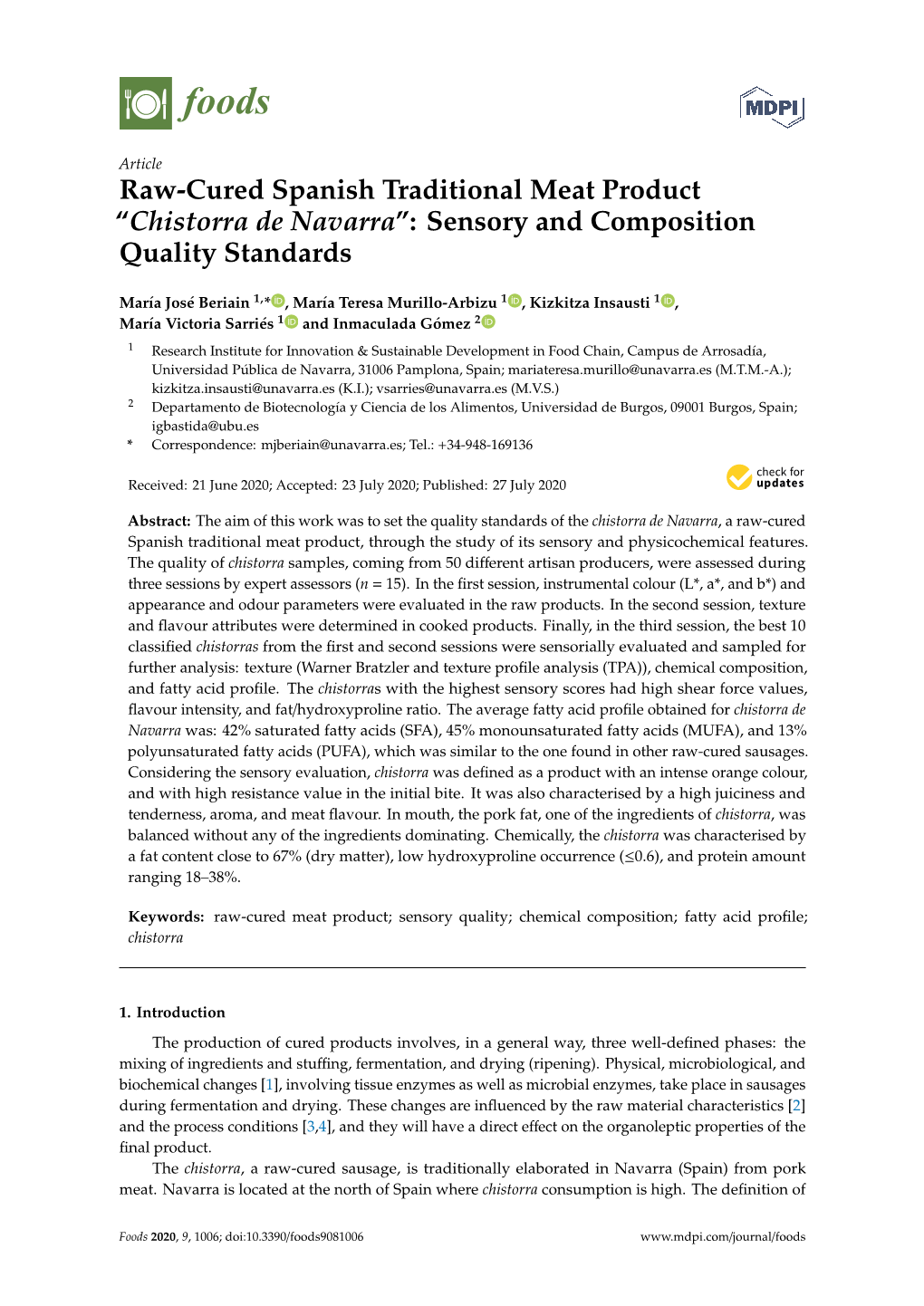 Chistorra De Navarra”: Sensory and Composition Quality Standards