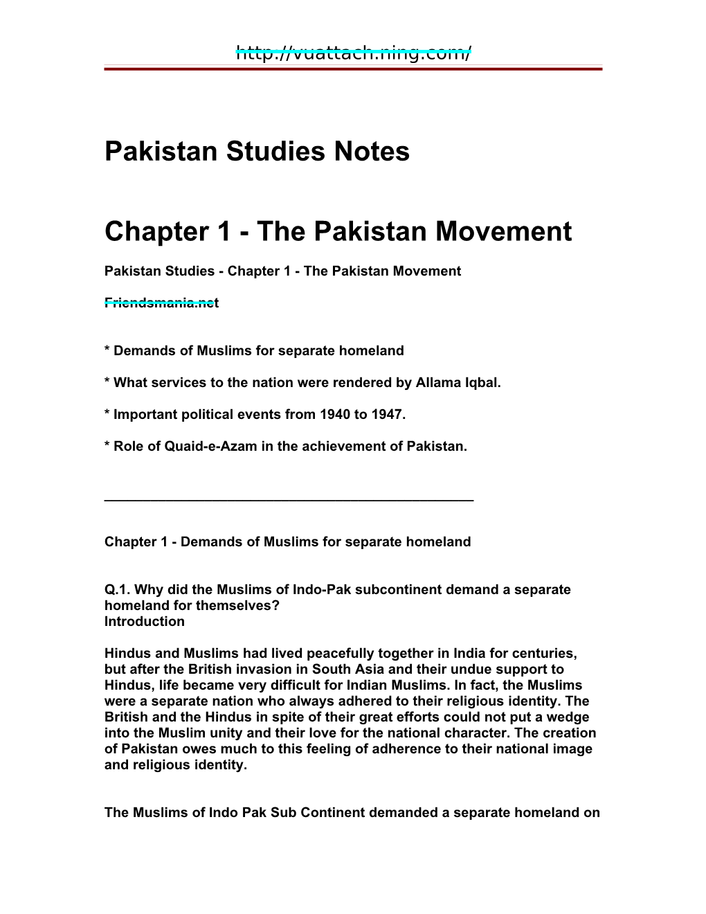 Pakistan Studies Notes Chapter 1