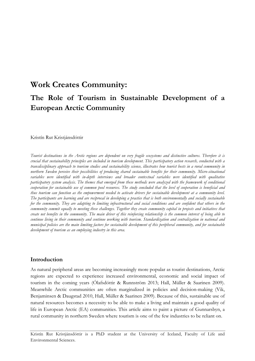 Work Creates Community: the Role of Tourism in Sustainable Development of a European Arctic Community