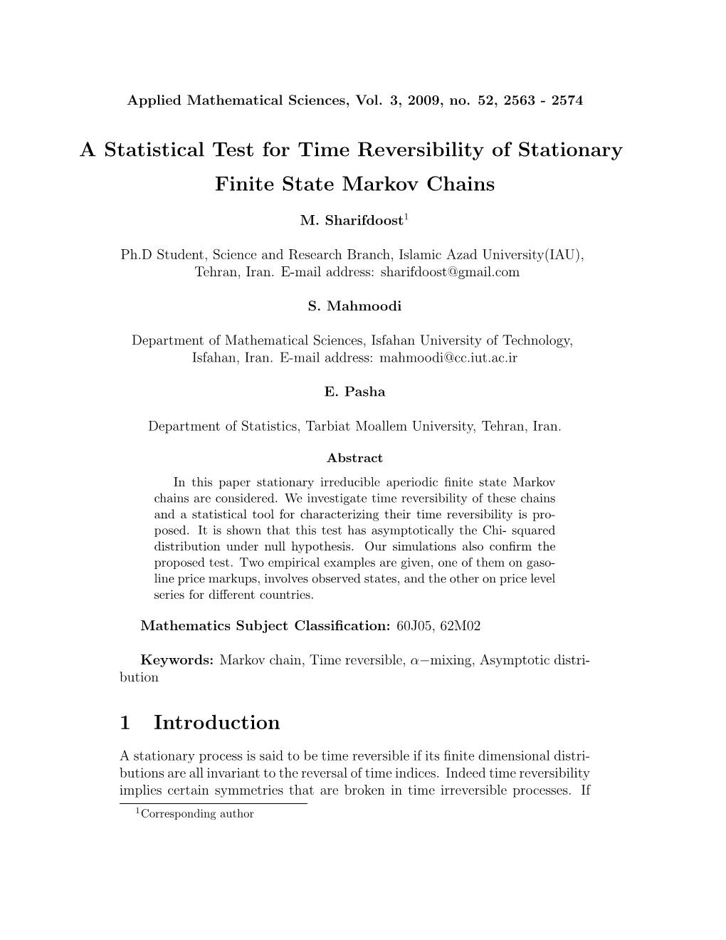 A Statistical Test for Time Reversibility of Stationary Finite State Markov Chains