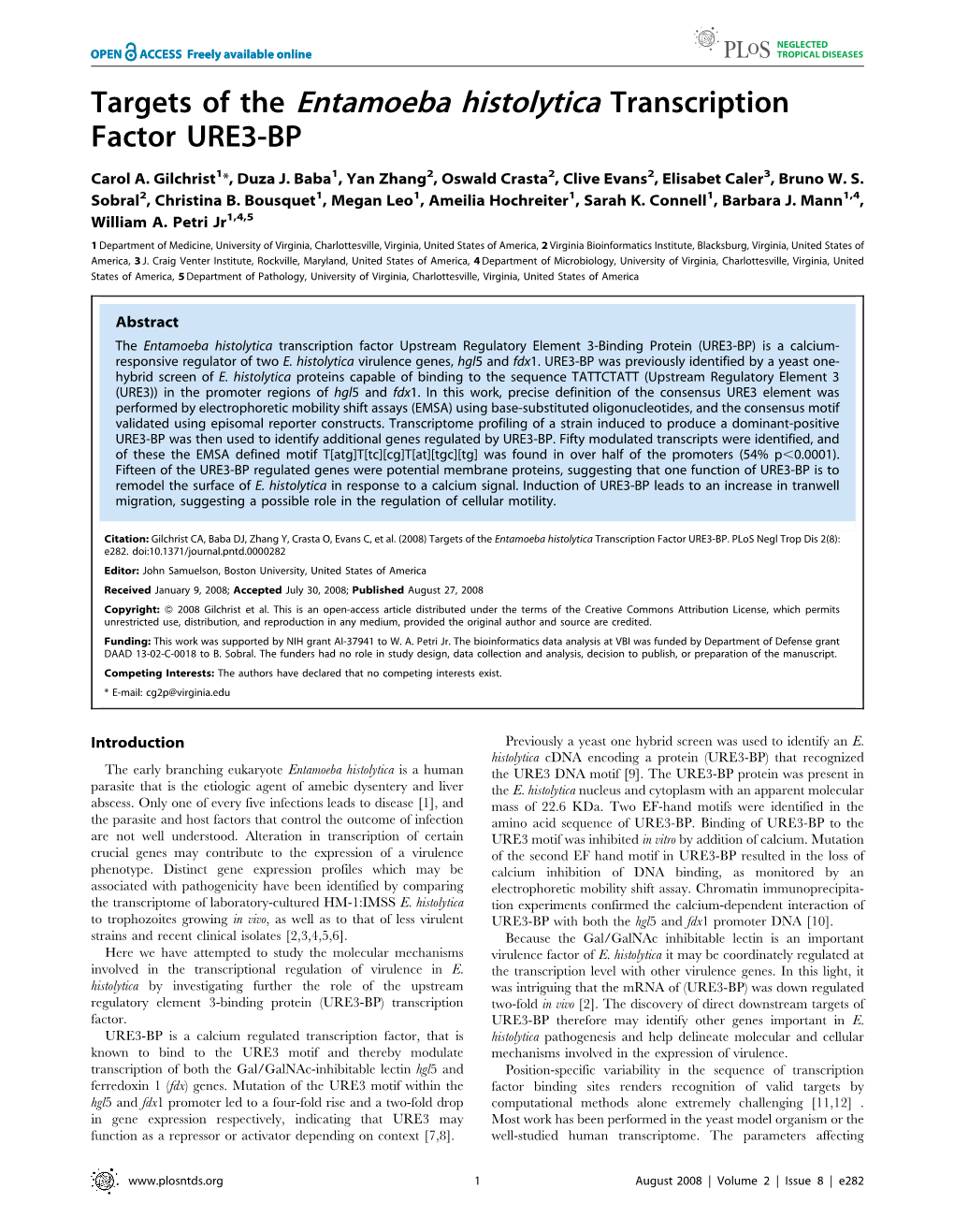 Targets of the Entamoeba Histolytica Transcription Factor URE3-BP