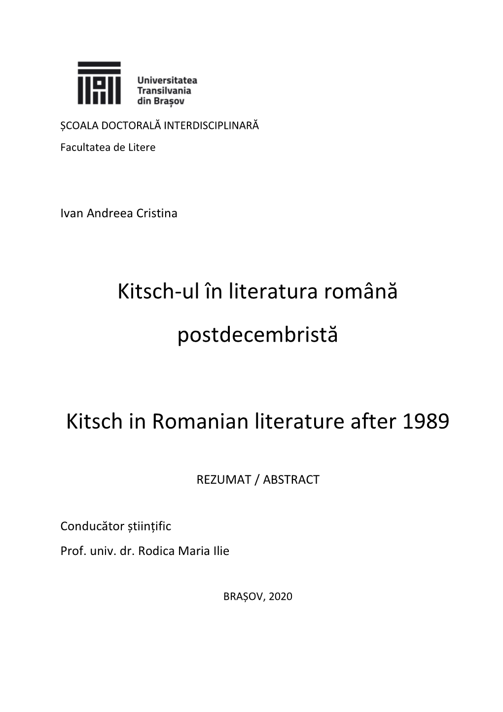 Kitsch-Ul În Literatura Română Postdecembristă Kitsch In