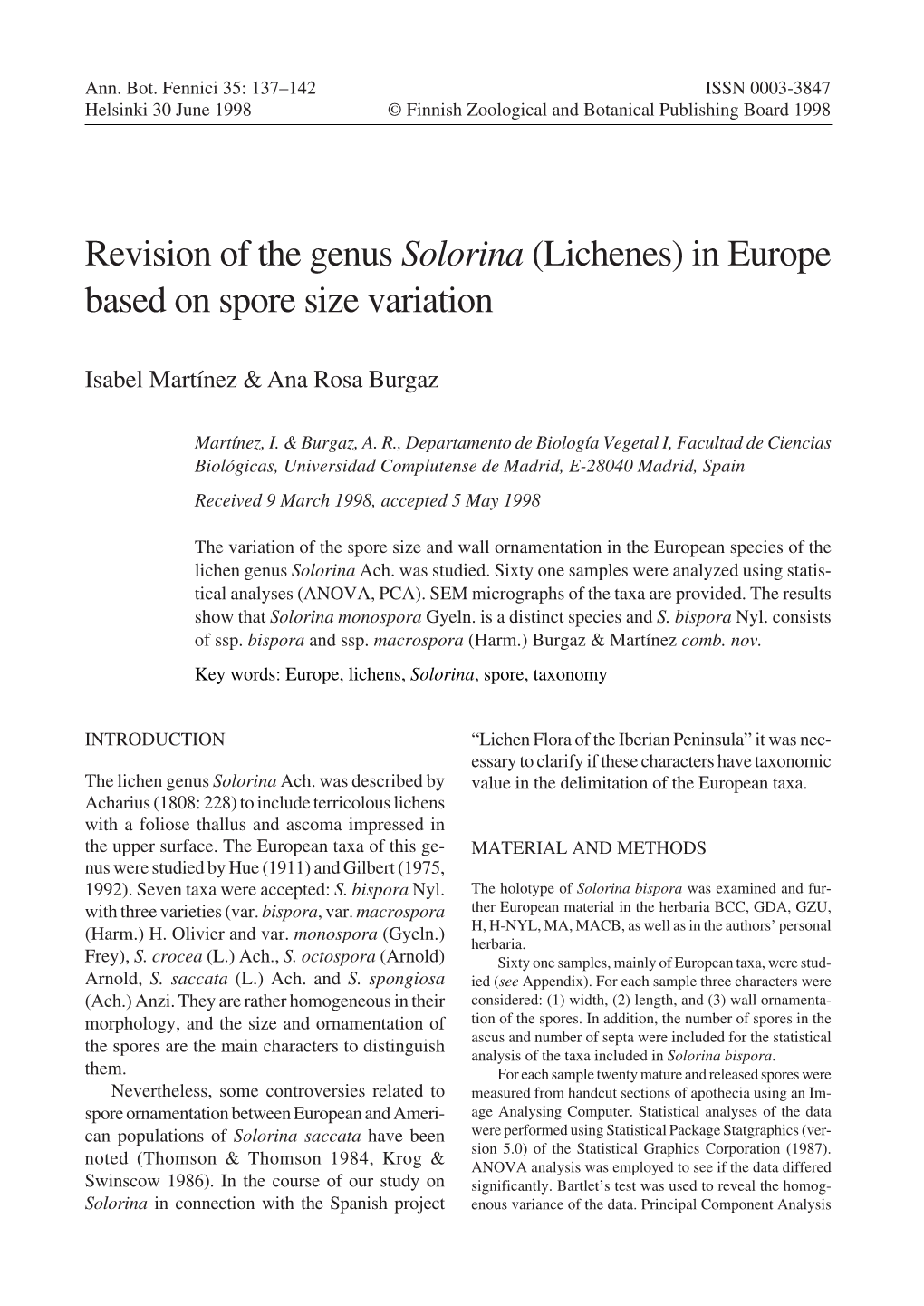 Revision of the Genus Solorina (Lichenes) in Europe Based on Spore Size Variation