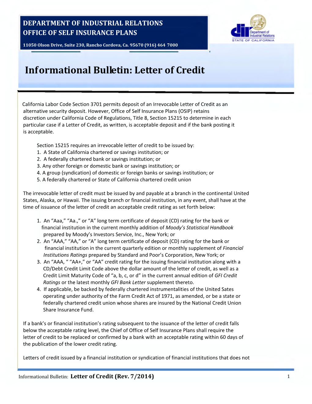 Informational Bulletin: Letter of Credit