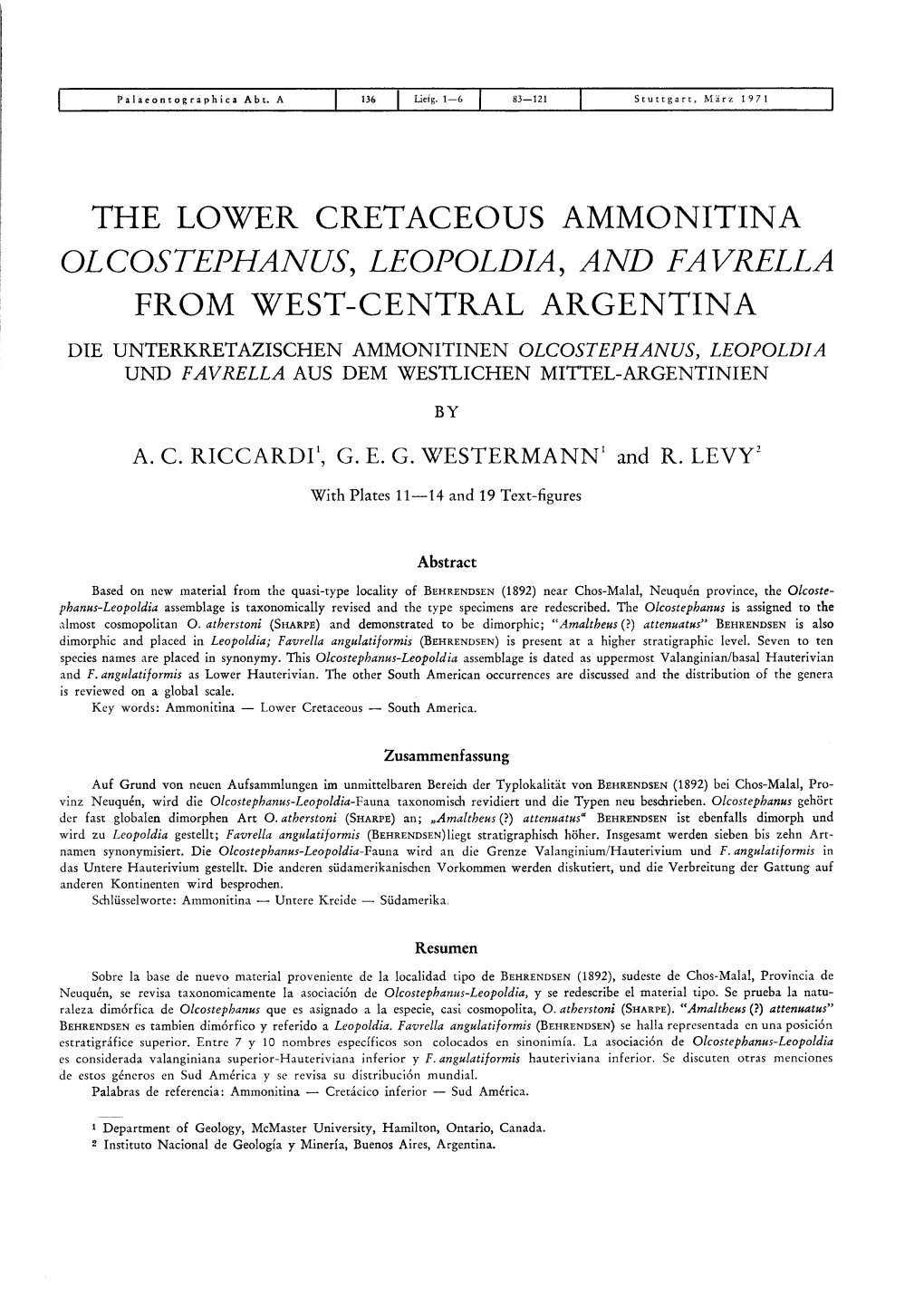 The Lower Cretaceous Ammonitina Olcostephanus, Leopoldia, Aa® Favrella from West-Central Argentina