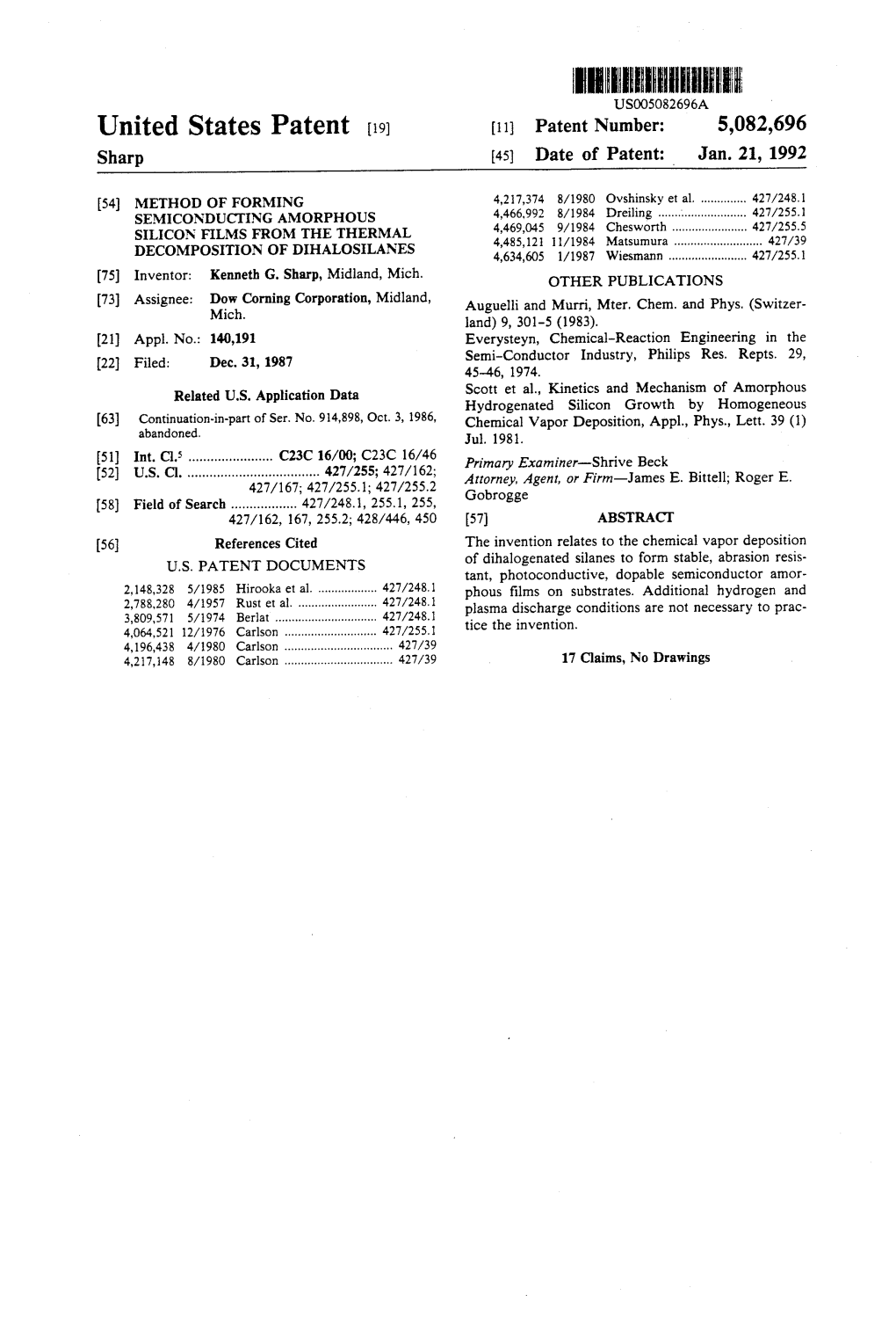 HHHHHH US005082696A United States Patent (19) 11 Patent Number: 5,082,696 Sharp (45) Date of Patent: Jan