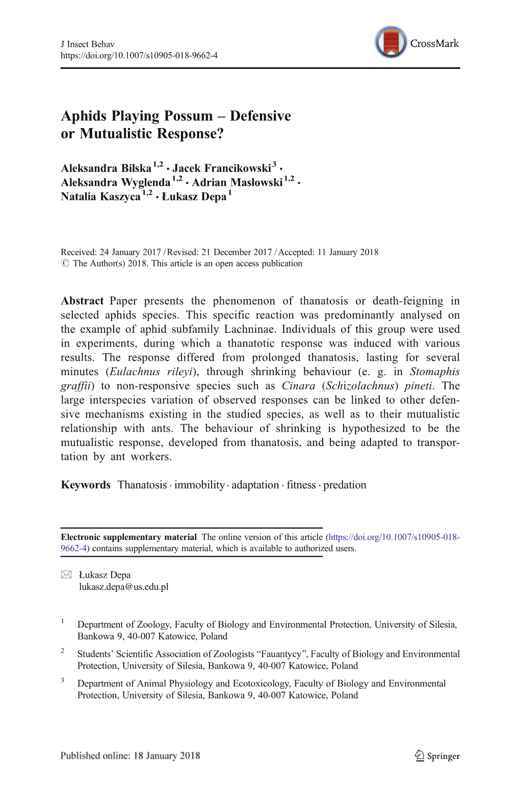 Aphids Playing Possum – Defensive Or Mutualistic Response?