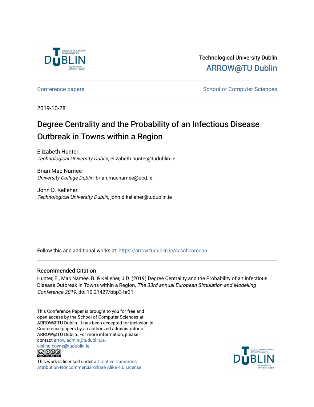 Degree Centrality and the Probability of an Infectious Disease Outbreak in Towns Within a Region