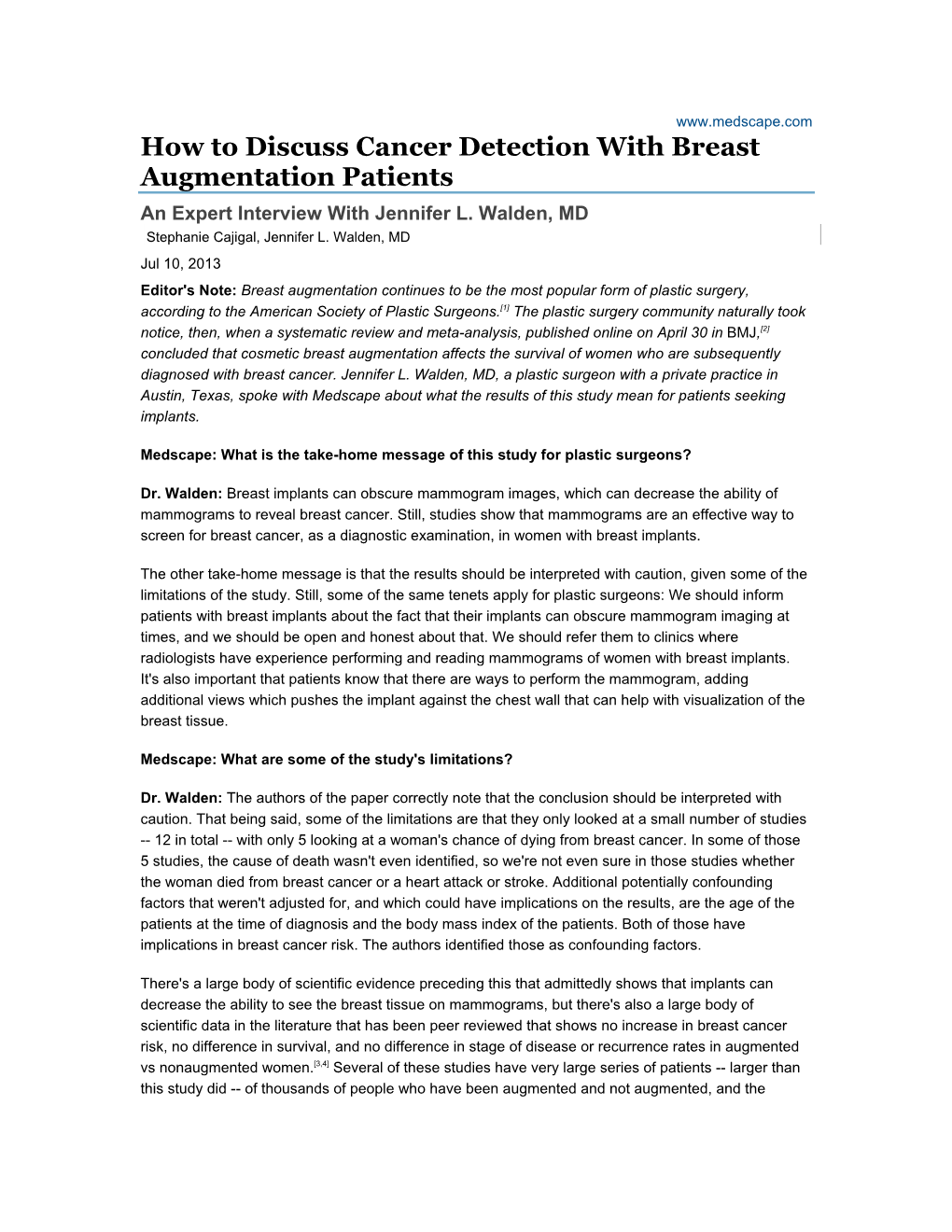 How to Discuss Cancer Detection with Breast Augmentation Patients an Expert Interview with Jennifer L