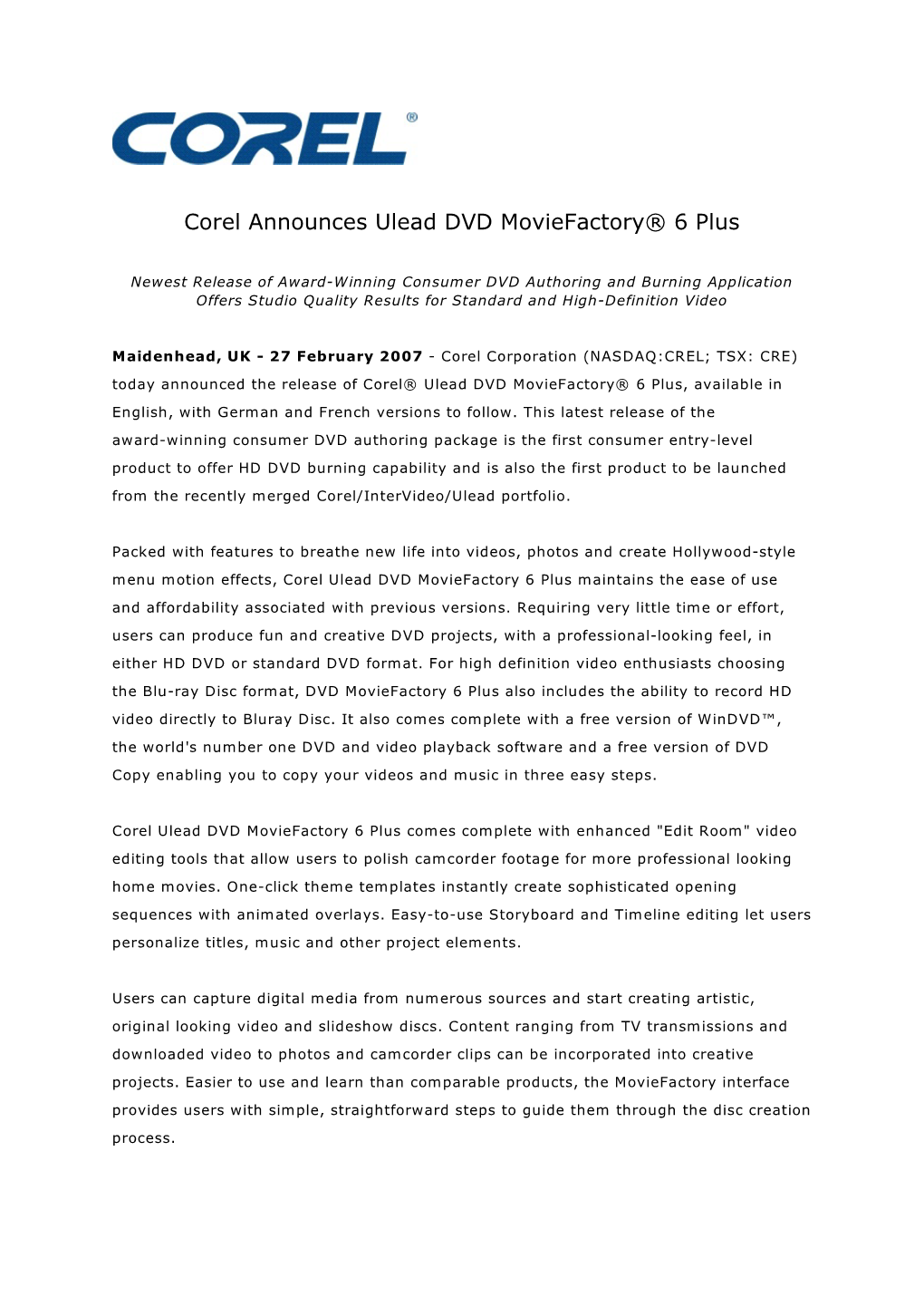 Corel Announces Ulead DVD Moviefactory® 6 Plus