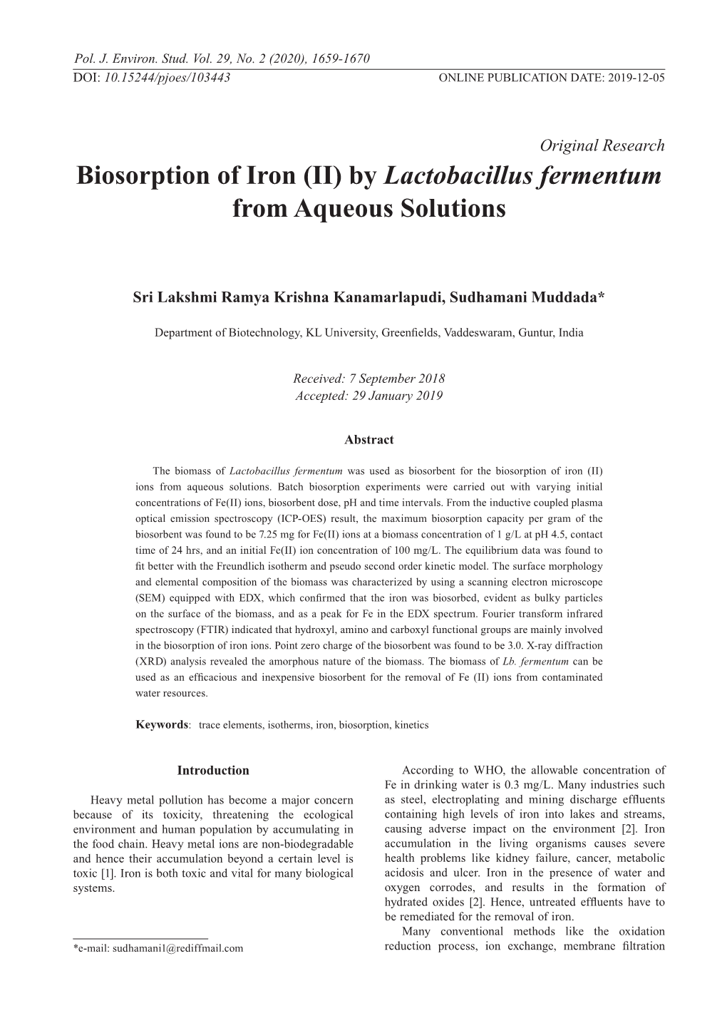 Biosorption of Iron (II) by Lactobacillus Fermentum from Aqueous Solutions