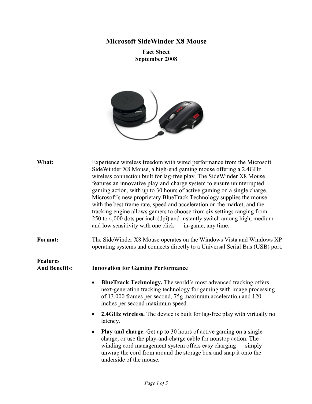 Microsoft Sidewinder X8 Mouse Fact Sheet September 2008