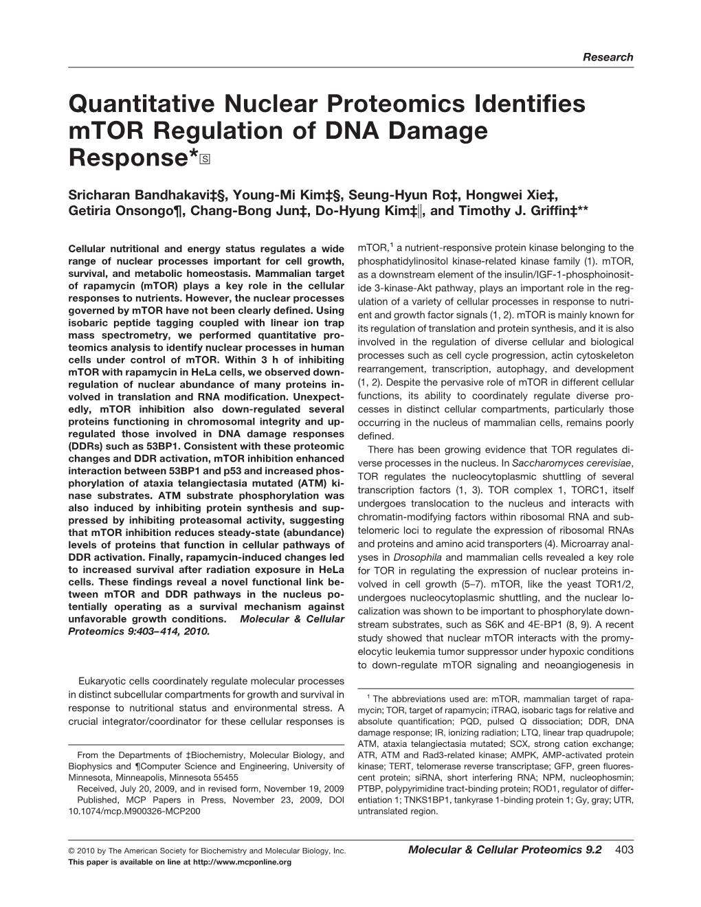 Quantitative Nuclear Proteomics Identifies Mtor Regulation of DNA Damage Response*□S