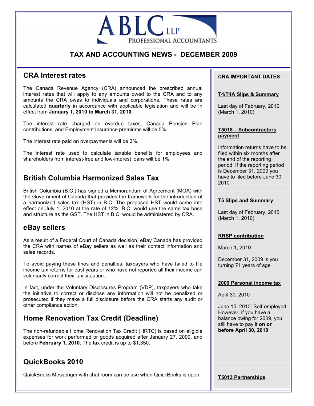 Tax and Accounting News - December 2009