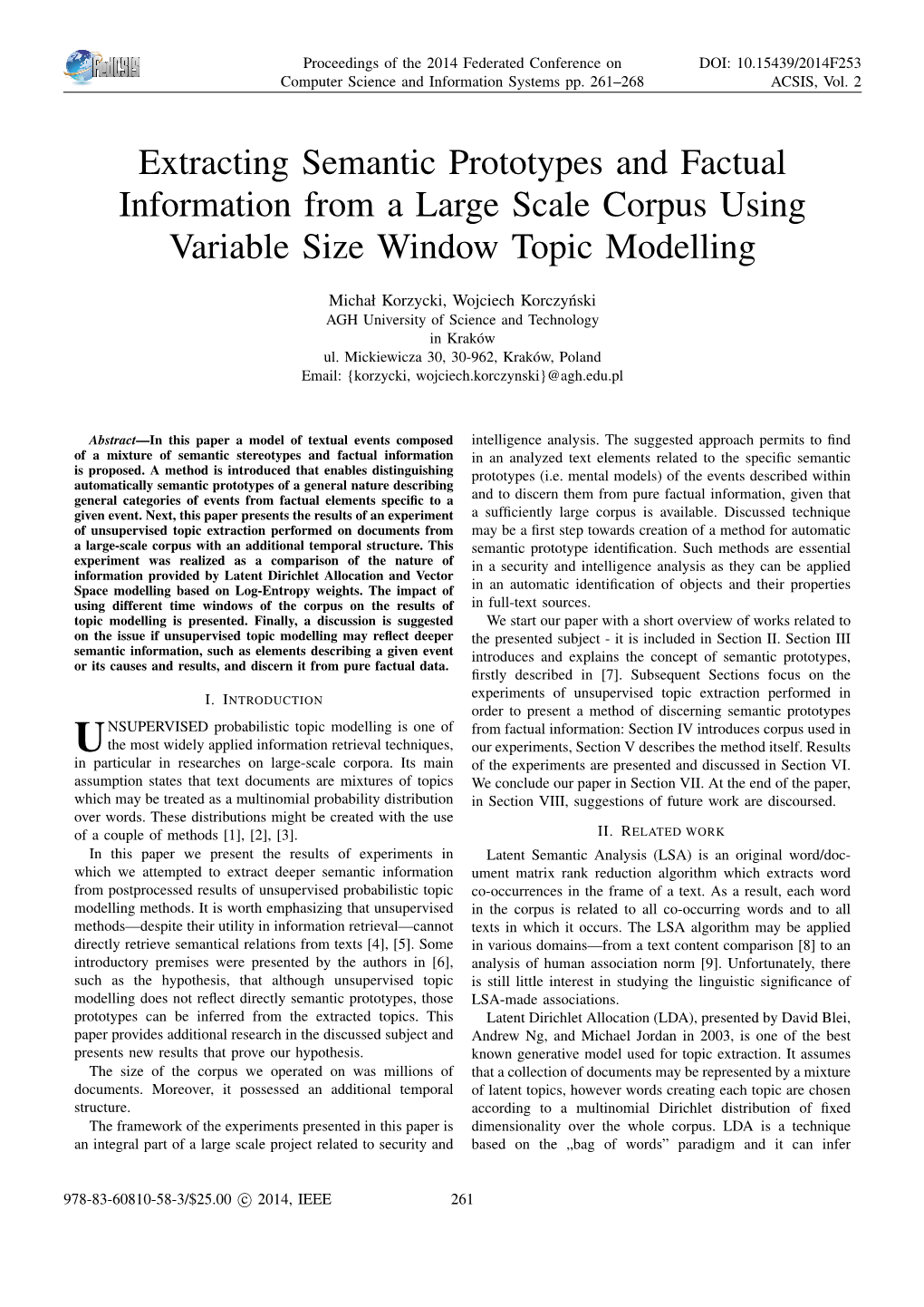 Extracting Semantic Prototypes and Factual Information from a Large Scale Corpus Using Variable Size Window Topic Modelling