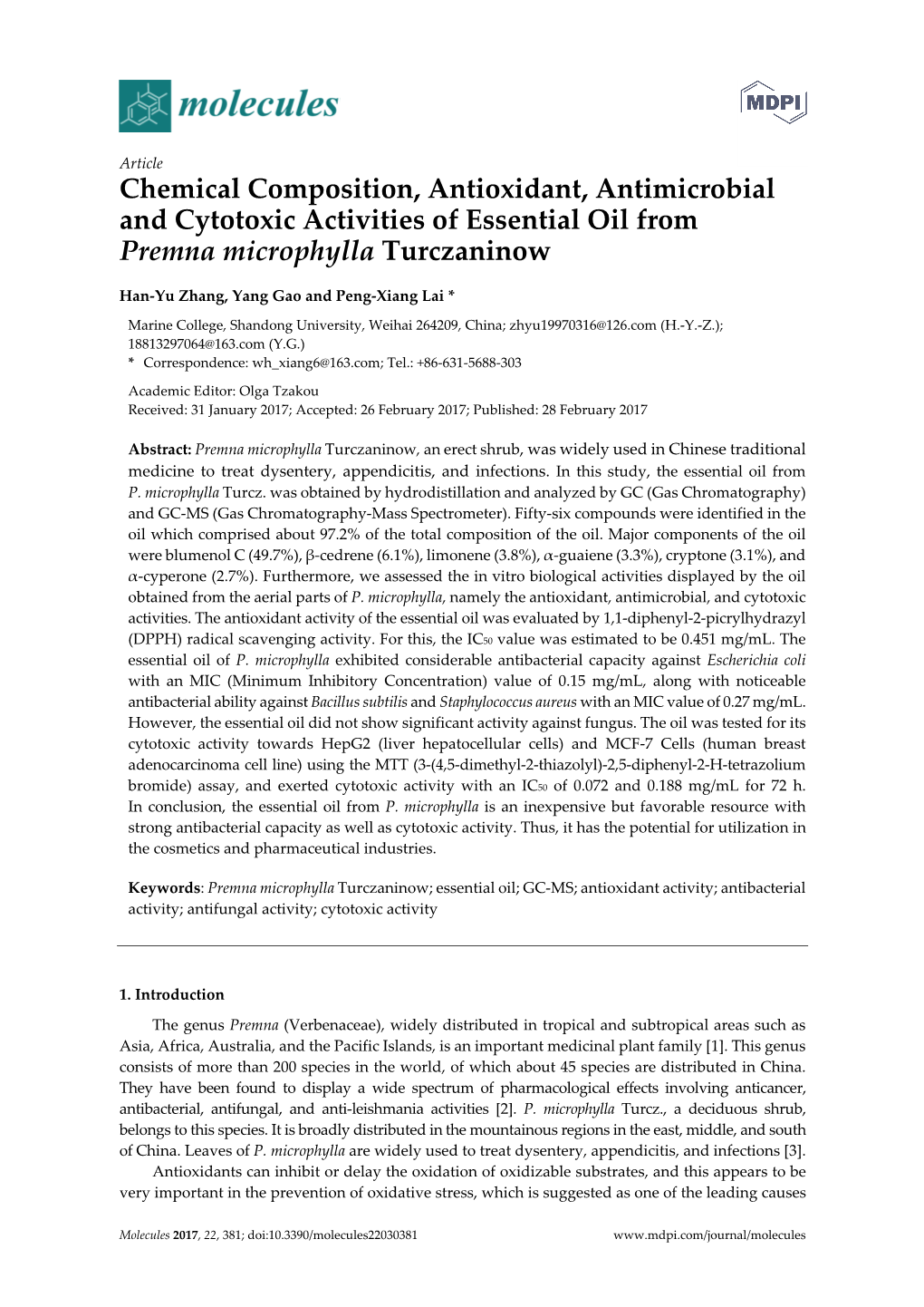 Chemical Composition, Antioxidant, Antimicrobial and Cytotoxic Activities of Essential Oil from Premna Microphylla Turczaninow