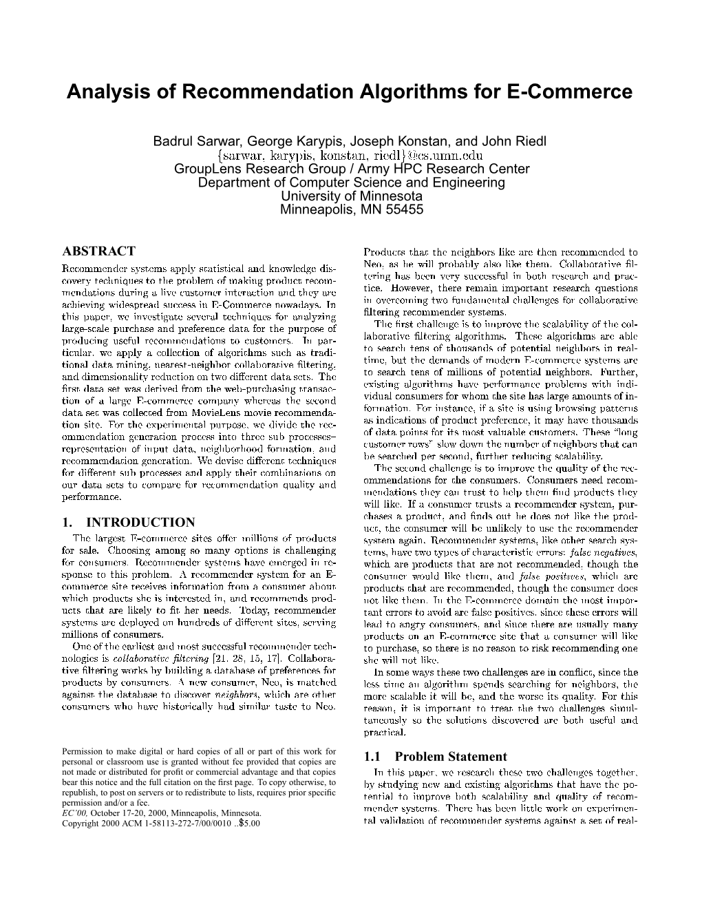 Analysis of Recommendation Algorithms for E-Commerce