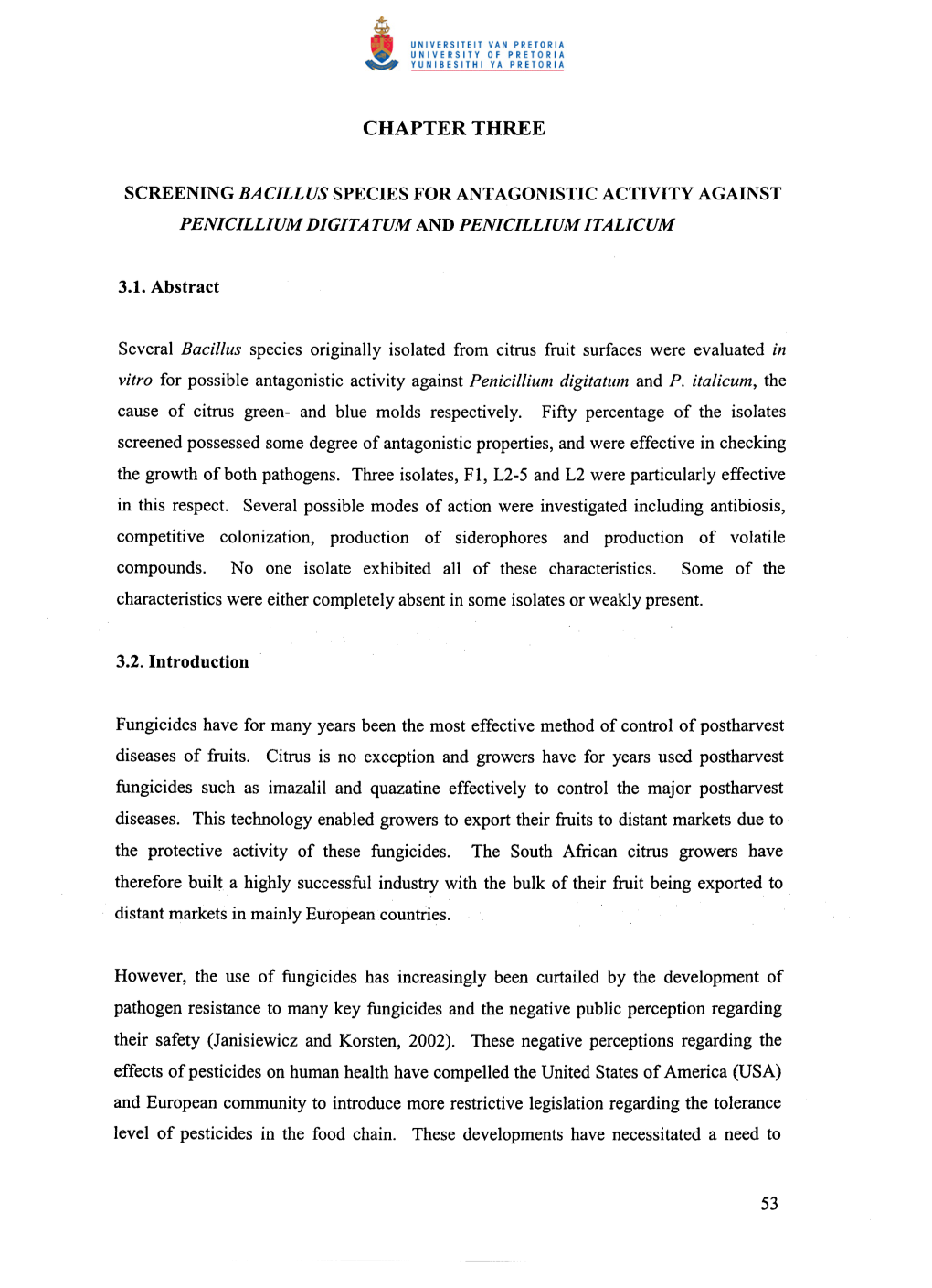 Screening Bacillus Species for Antagonistic Activity Against Penicillium Digitatum and Penicillium Italicum