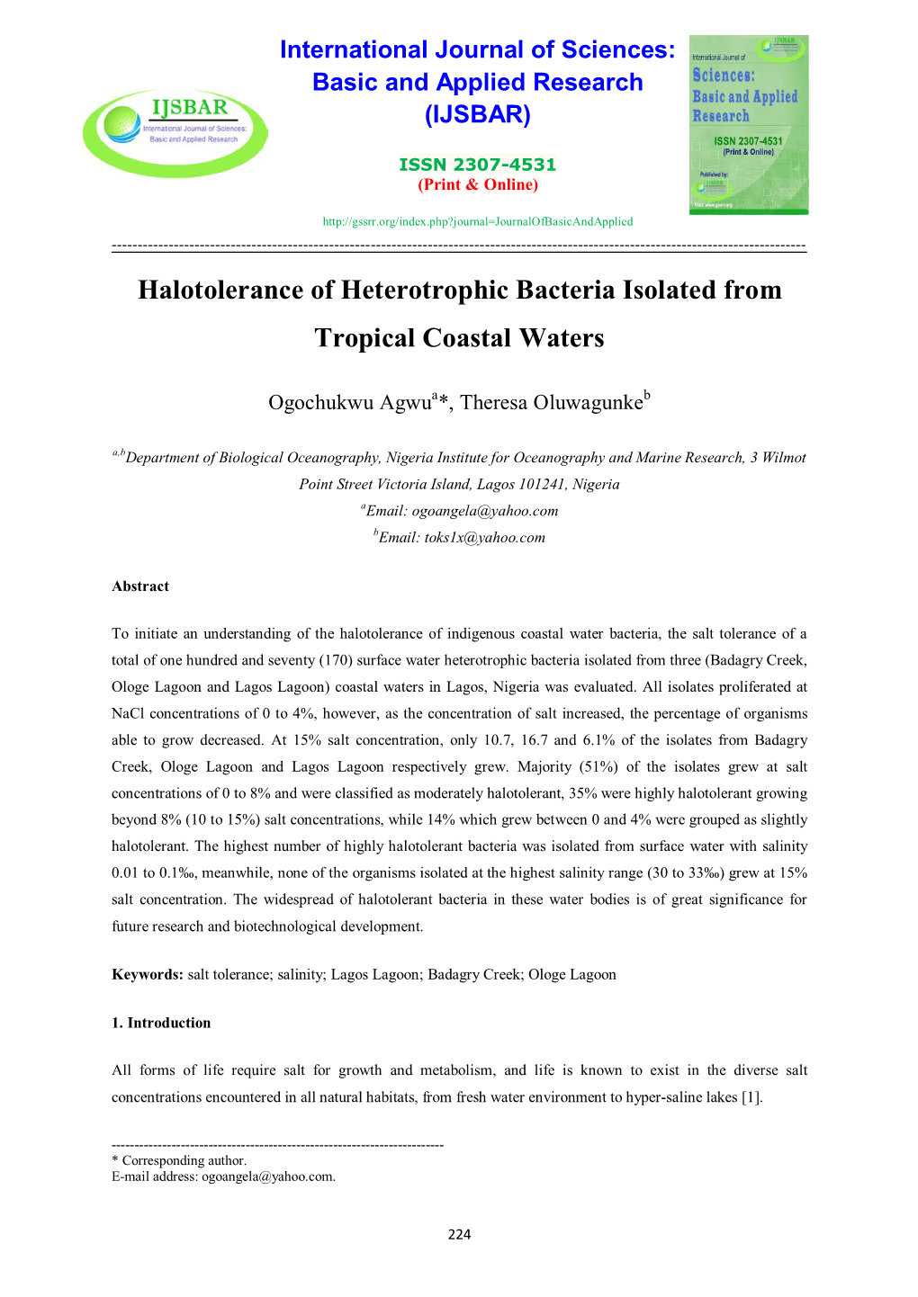 Halotolerance of Heterotrophic Bacteria Isolated from Tropical Coastal Waters