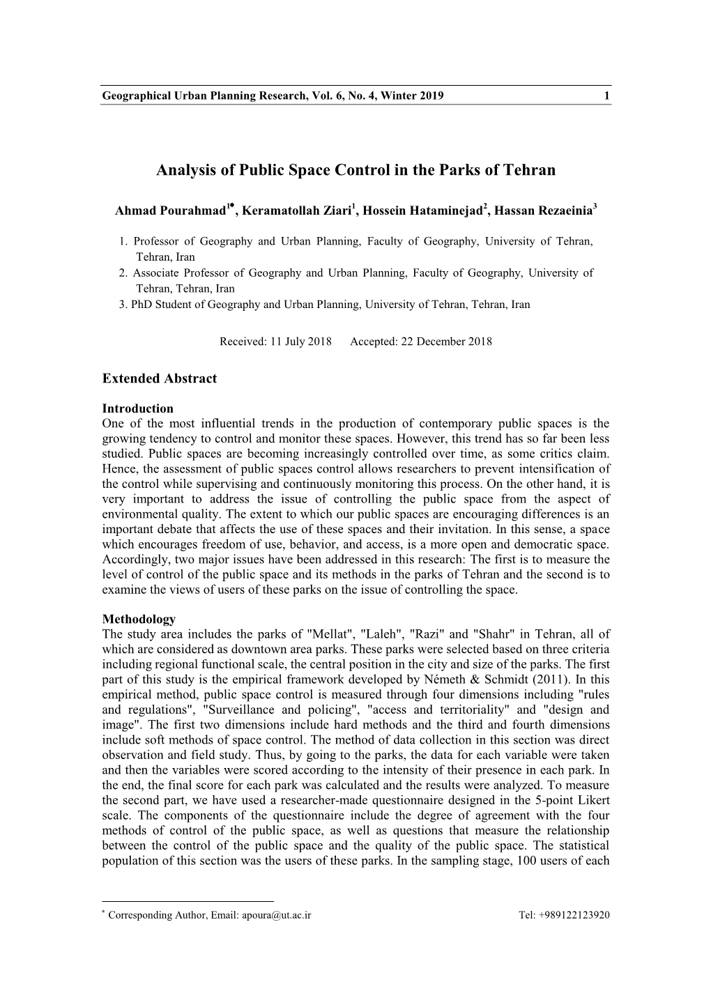 Analysis of Public Space Control in the Parks of Tehran