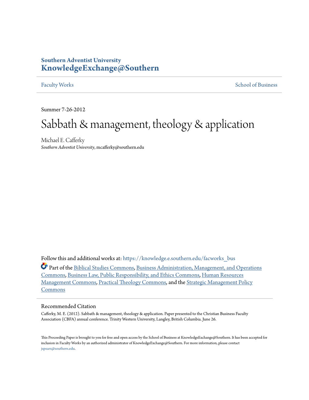 Sabbath & Management, Theology & Application