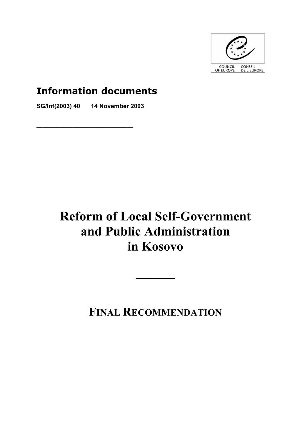 Reform of Local Self-Government and Public Administration in Kosovo