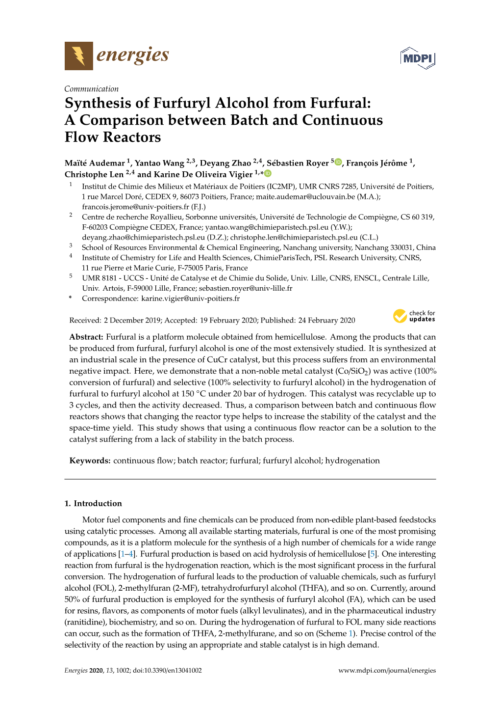 Synthesis of Furfuryl Alcohol from Furfural: a Comparison Between Batch and Continuous Flow Reactors