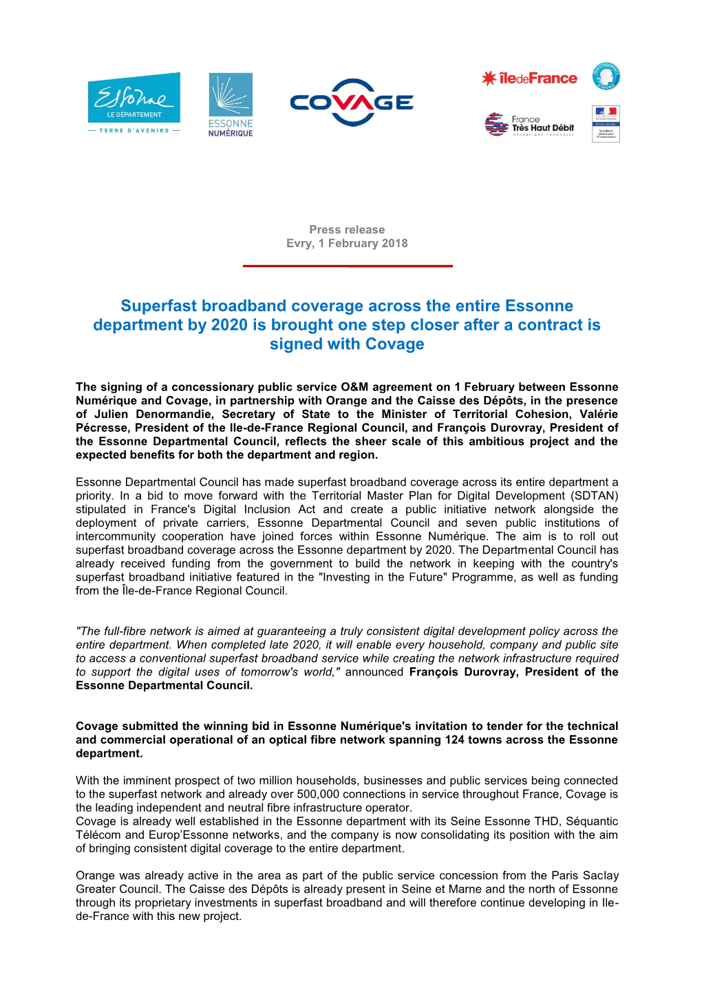 Superfast Broadband Coverage Across the Entire Essonne Department by 2020 Is Brought One Step Closer After a Contract Is Signed with Covage