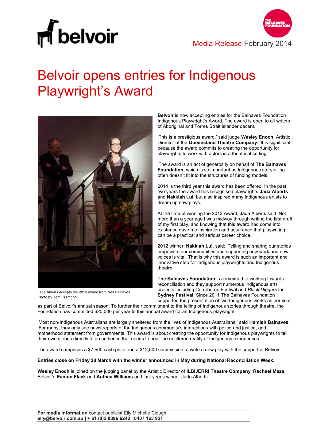 Belvoir Opens Entries for Indigenous Playwright's Award