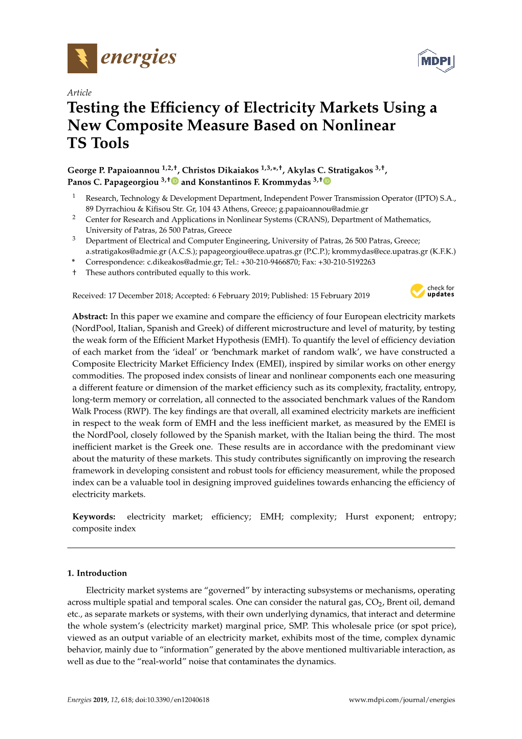 Testing the Efficiency of Electricity Markets Using a New Composite