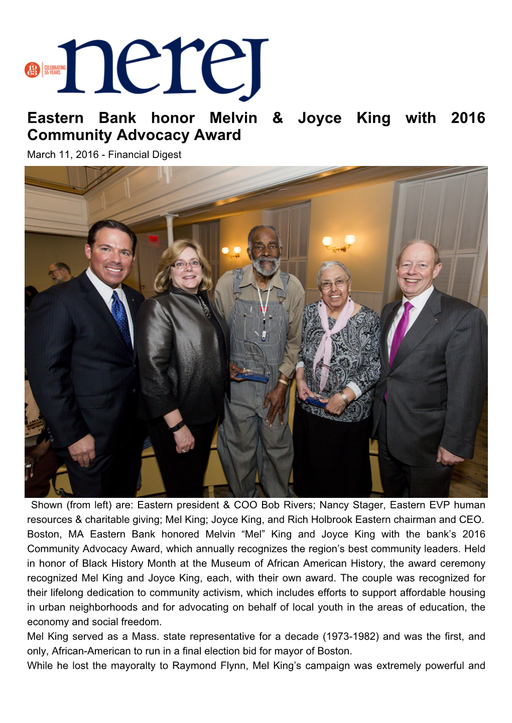 Eastern Bank Honor Melvin & Joyce King with 2016 Community