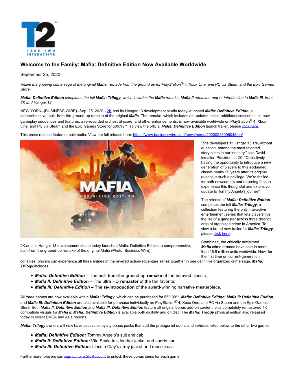 Mafia: Definitive Edition Now Available Worldwide