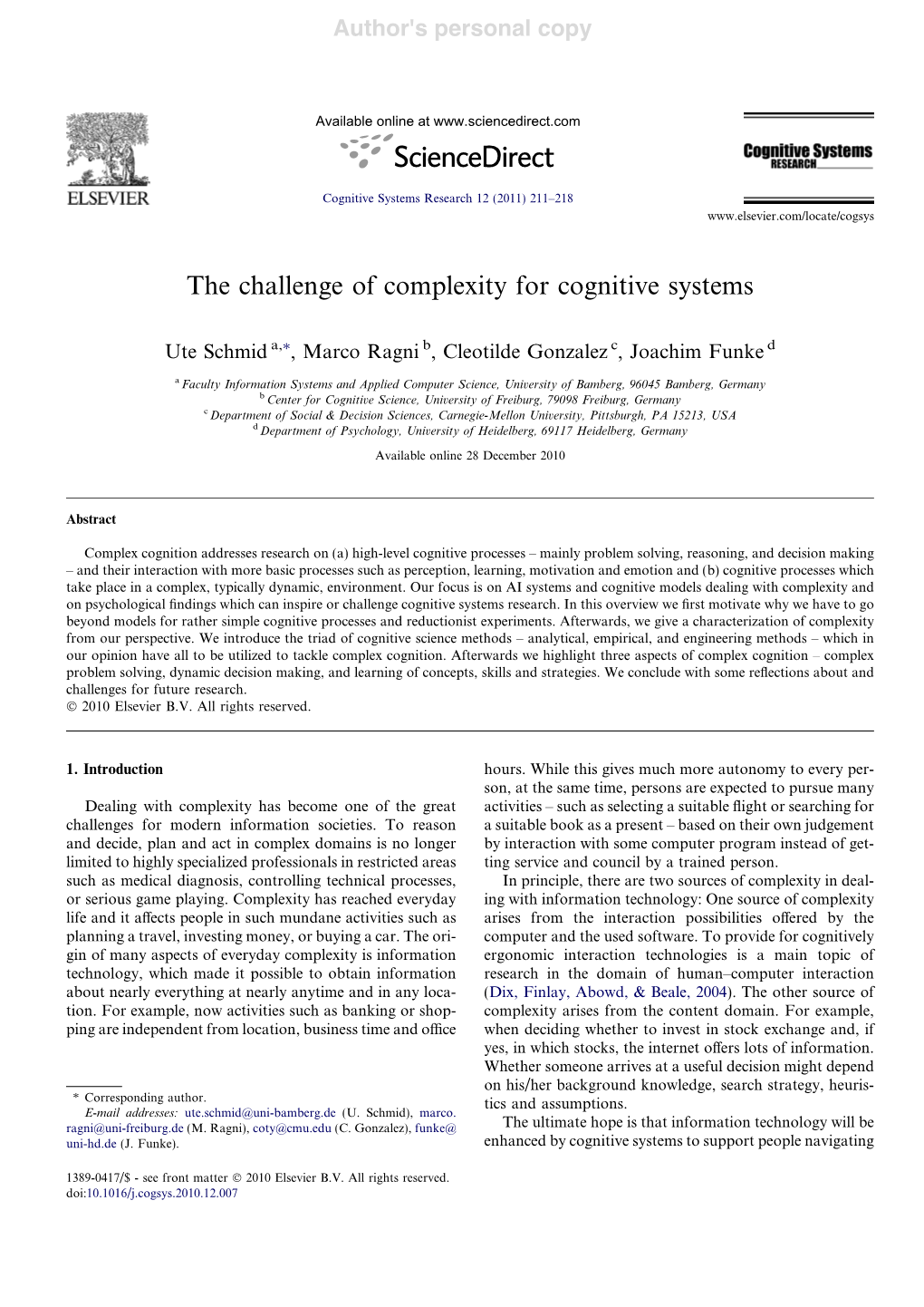 The Challenge of Complexity for Cognitive Systems