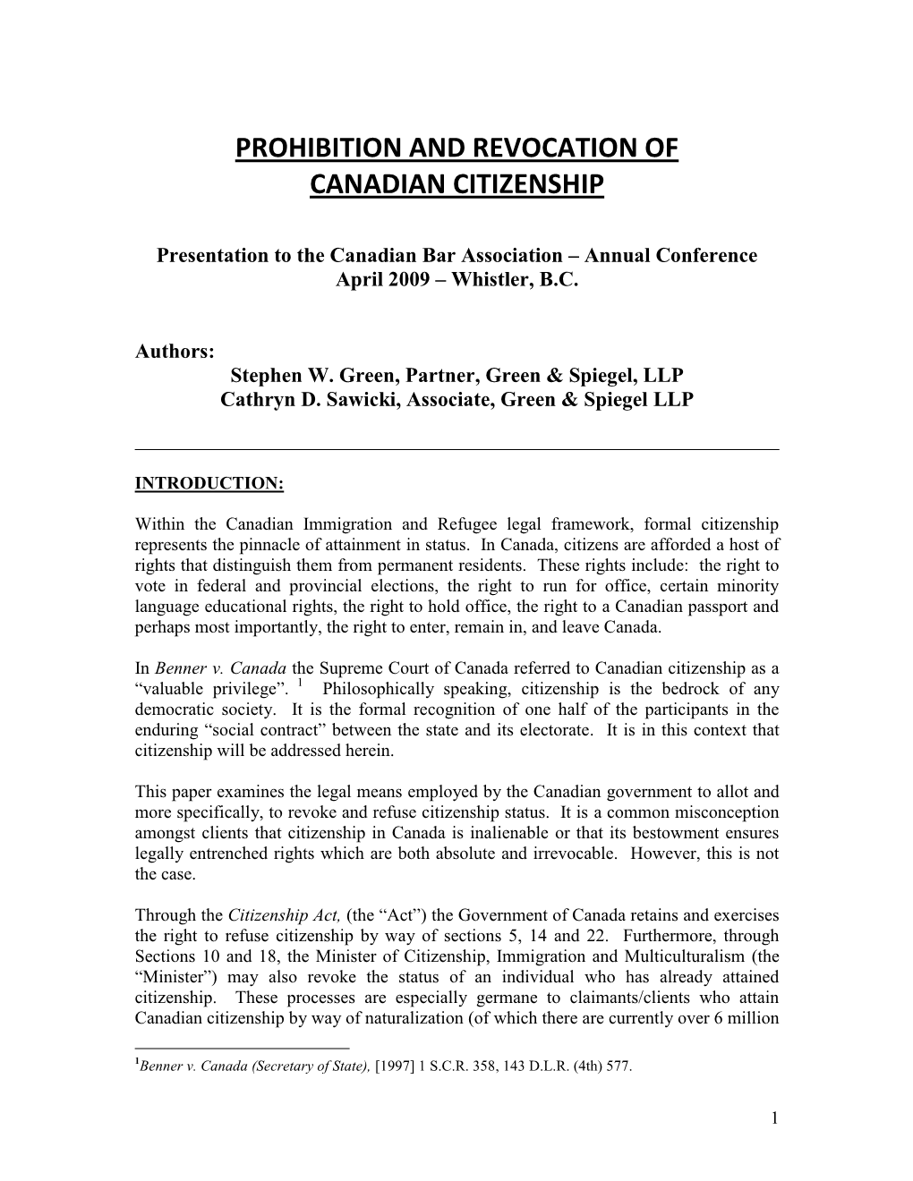 Prohibition and Revocation of Canadian Citizenship