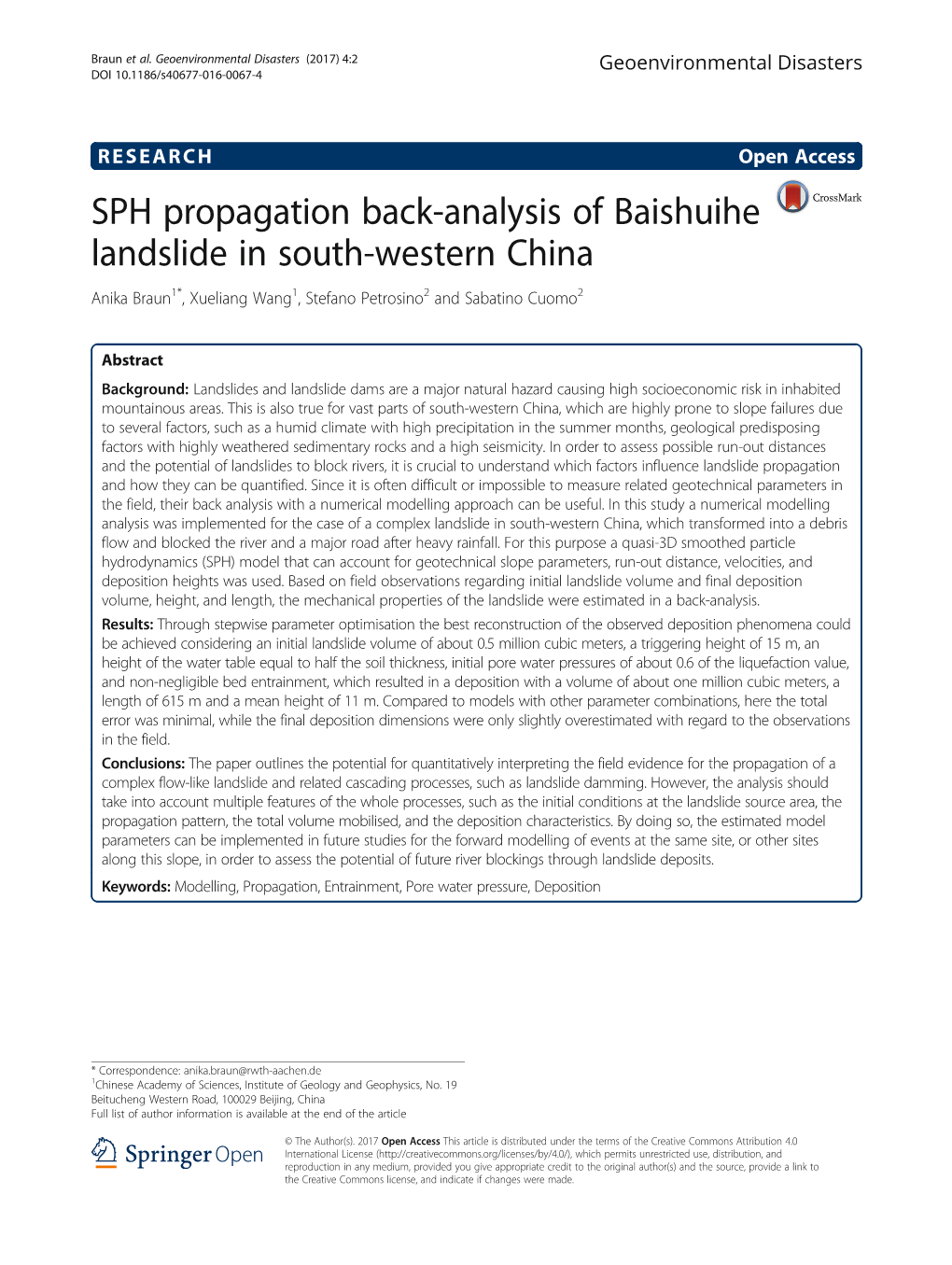 SPH Propagation Back-Analysis of Baishuihe Landslide in South-Western China Anika Braun1*, Xueliang Wang1, Stefano Petrosino2 and Sabatino Cuomo2