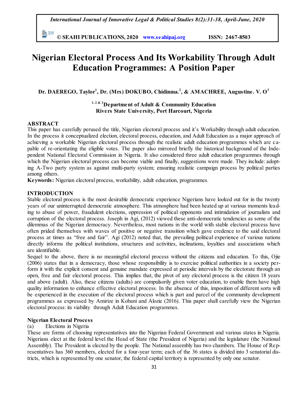 Nigerian Electoral Process and Its Workability Through Adult Education Programmes: a Position Paper