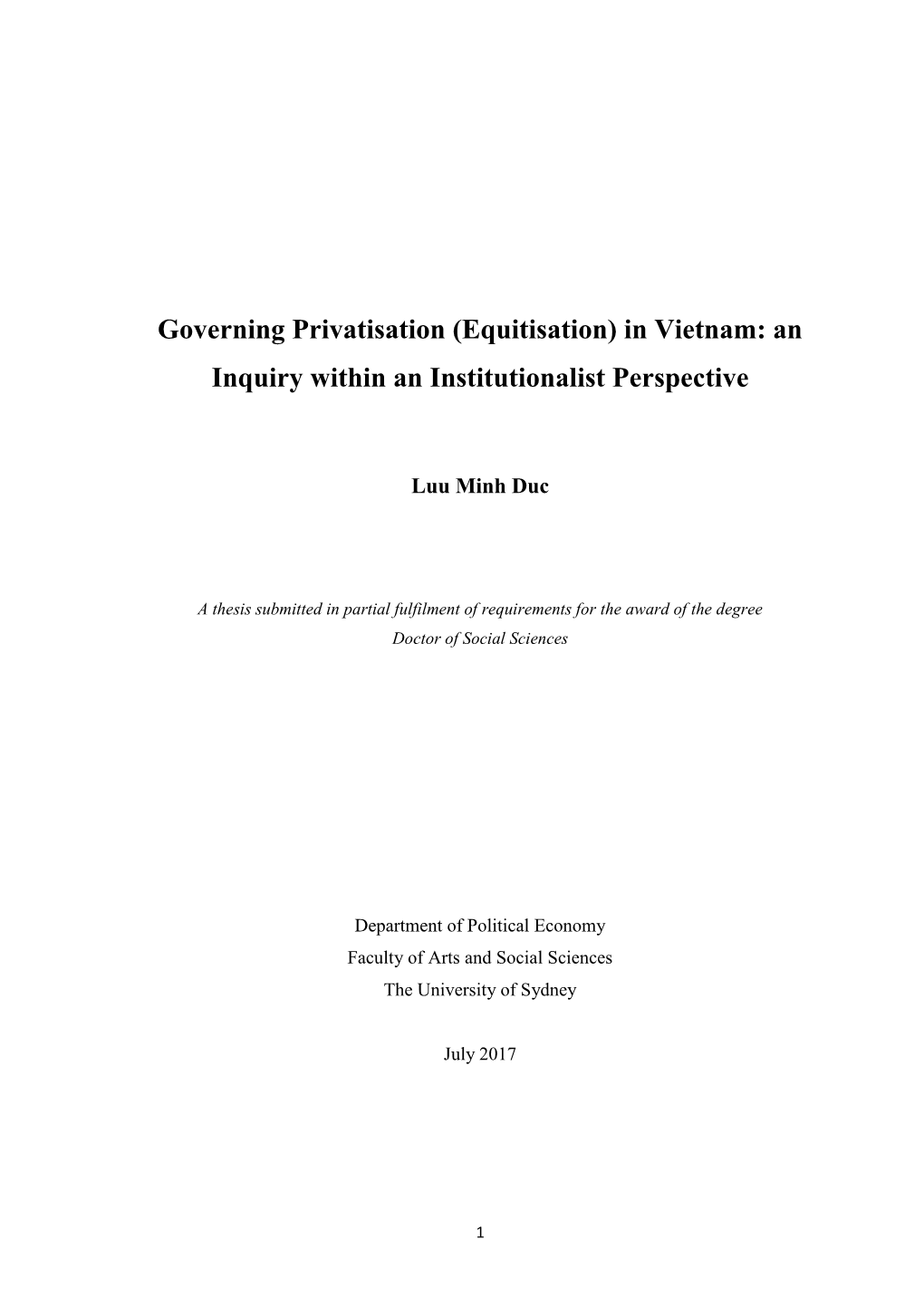 Governing Privatisation (Equitisation) in Vietnam: an Inquiry Within an Institutionalist Perspective