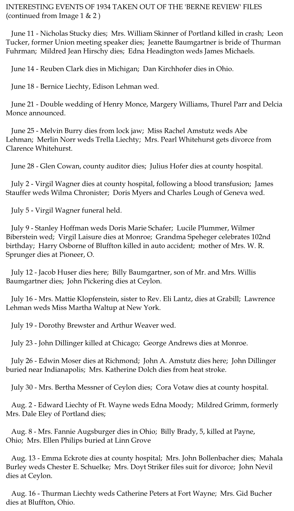 INTERESTING EVENTS of 1934 TAKEN out of the 'BERNE REVIEW' FILES (Continued from Image 1 & 2 ) June 11