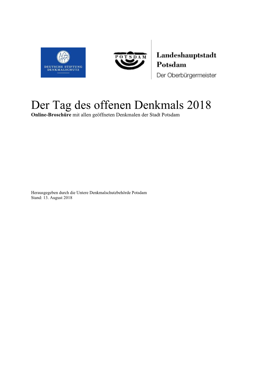 Der Tag Des Offenen Denkmals 2018 Online-Broschüre Mit Allen Geöffneten Denkmalen Der Stadt Potsdam