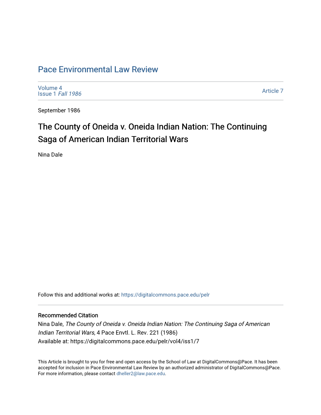 The County of Oneida V. Oneida Indian Nation: the Continuing Saga of American Indian Territorial Wars