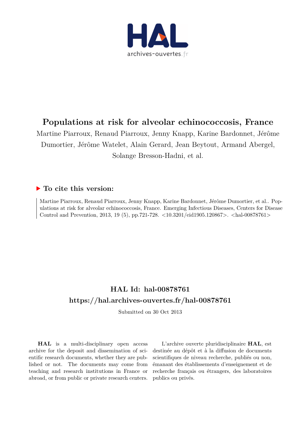 Populations at Risk for Alveolar Echinococcosis, France