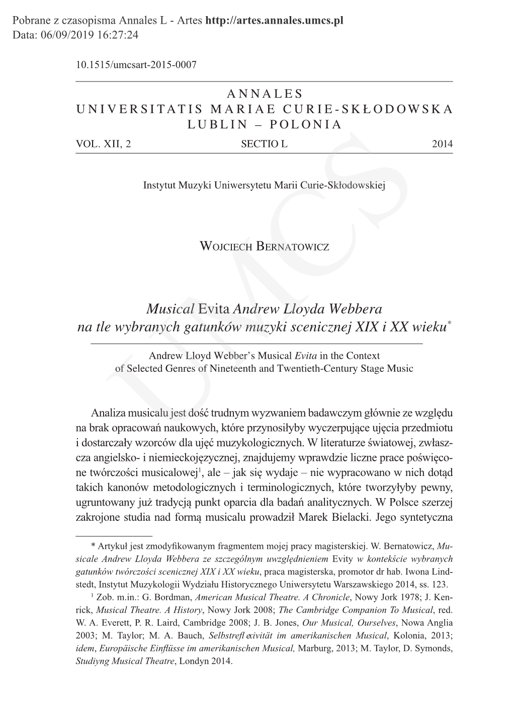 Musical Evita Andrew Lloyda Webbera Na Tle Wybranych Gatunków Muzyki Scenicznej XIX I XX Wieku*