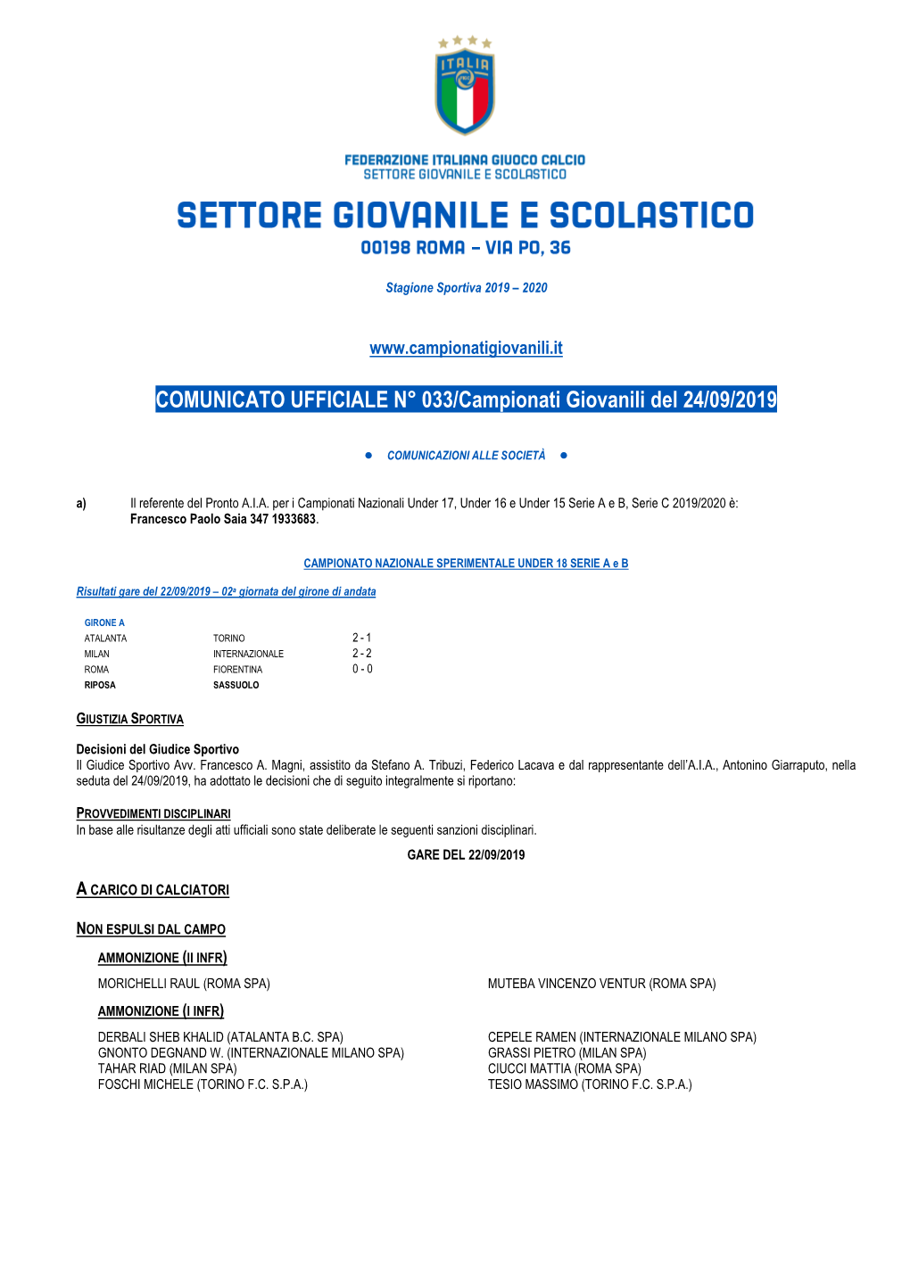 COMUNICATO UFFICIALE N° 033/Campionati Giovanili Del 24/09/2019